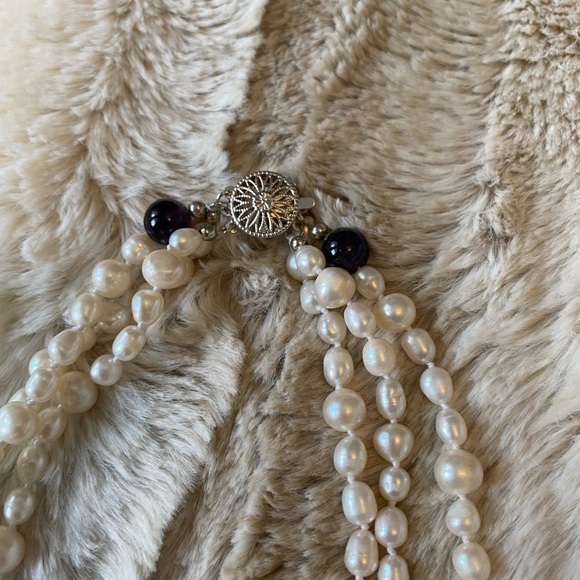 Triple strand cultured pearl & lapis necklace 20” classic old money timeless - Picture 8 of 13